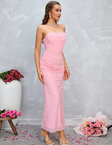 Xinfsh Women's Strapless Bodycon Ruched Dresses Vintage Open Back Boned Corset Wedding Guest Dress Light Pink #TOP3