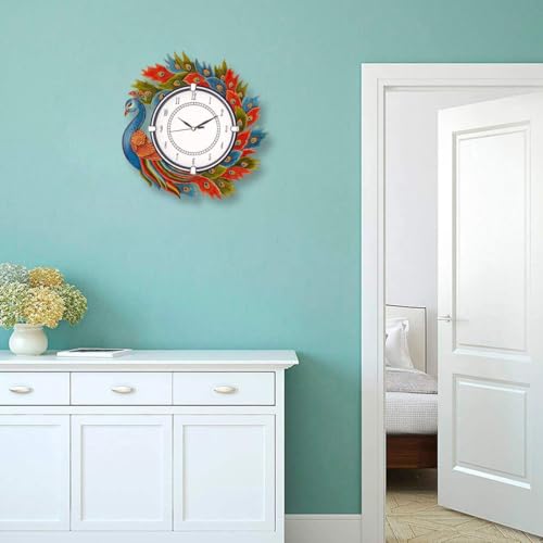 Image of Wooden Peacock Design Wall Clock Round Quartz Analog Antique Decorative Clock for Home Decoration