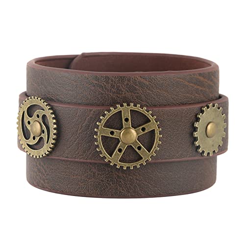 HZMAN Steampunk Alloy Gear Leather Wristbands for Men Women Bracelets Cuff Bangle Jewelry Brown Adjustable2