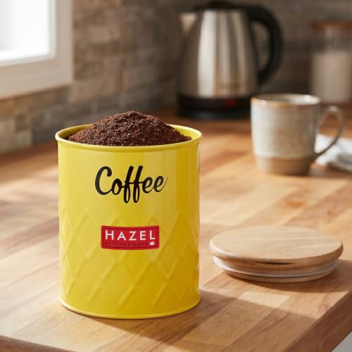 Image of HAZEL Coffee Storage Airtight Container with Wooden Lid Metal Coffee Jar 800ml