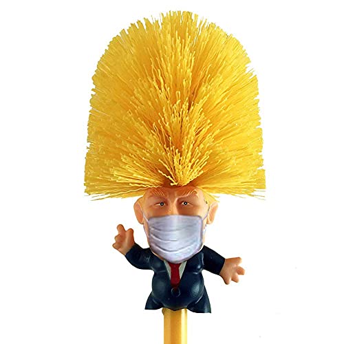 Donald Trump Face Mask Toilet Brush - Novelty Bowl Cleaner for Household Bathroom - Funny President s Head Cleaning Scrubber with Holder Stand & Storage - Fun Political Gag Gifts - Orange Yellow