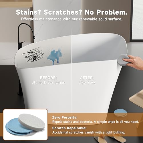 Image of 51 '' Stone Resin Janpanese Soaking Tub, Freestanding Deep Soaking Bathtub with Seat Desgin,Toe-tap Chrome Right Drain, Slotted Overflow Matte White