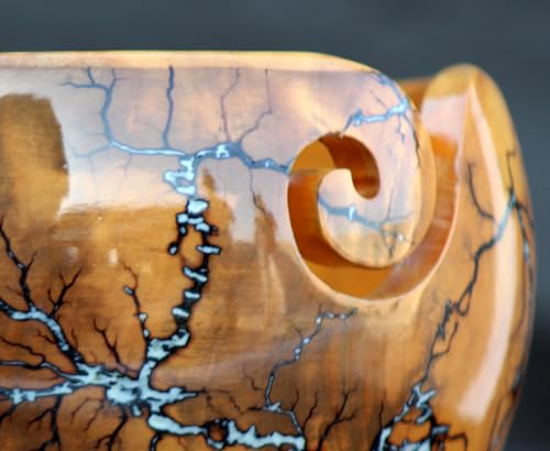 Image of Lichtenberg Figure Yarn Bowl - Handmade Wooden Yarn Bowl for Knitting Yarn Ball Holder - Yarn Bowls with Holes Crochet Bowl Holder - Yarn Storage Bowl 7 inch x 4 inch inches (Sky-Blue Resin Yarn Bowl)