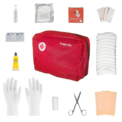 FERRETELIX® Neceser Botiquin Primeros Auxilios con Dotacion 18 cm x 16 cm x 4 cm Rojo/Botiquin de Emergencia/Tu seguridad al Alcance de la Mano F