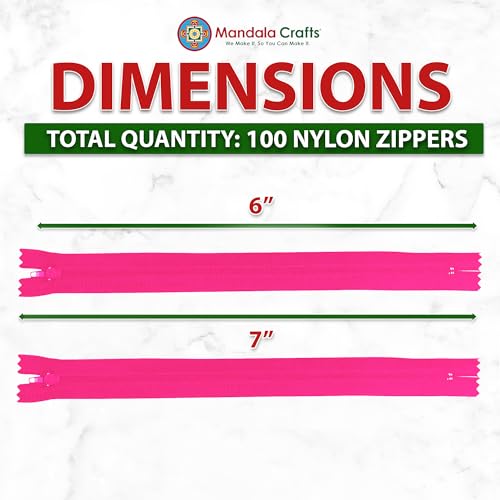 Image of Mandala Crafts 100 PCs Hot Pink Closed-End 6 Inches Nylon Zipper for Sewing