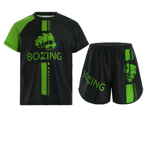 Alvivi Kinder Jungen Boxing Kleidung Trainingsanzug MMA Boxing Shorts + T-Shirt Kampfsport Kickboxing Muay Thai Kleidung Set A Grün 122-128