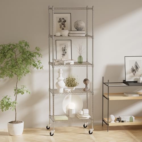 Image of Garage Shelving with Wheels, 5 Tier Shelving Unit and Adjustable Feet, 865 lb High Capacity Rolling Storage Shelf for Kitchen, Office, Dining Room, Garage(23.6 inchx 17.7 inchx 72 inch), Chrome