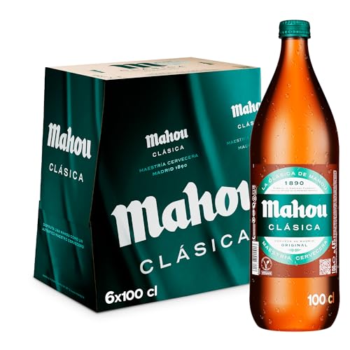Mahou Clásica, 6 Botellas 1 Litro, Cerveza Dorada Lager, Auténtica Cerveza Mahou Con Sabor Suave, Refrescante y Con Espuma Consistente, 4.8% Vol. Alcohol