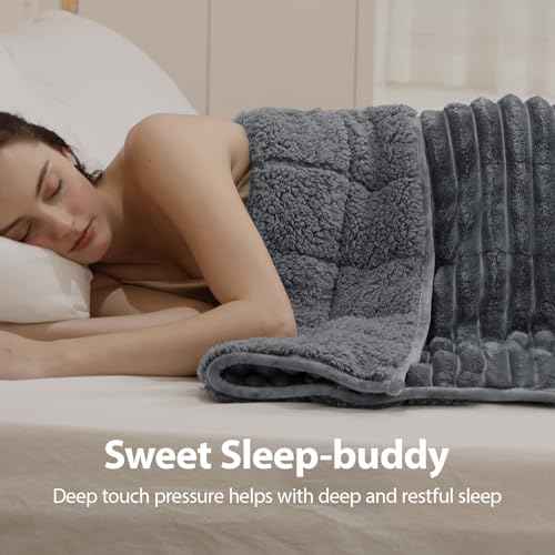 Image of Ultra-Soft Weighted Blanket for Adults(12 lbs, 48 inch x 72 inch Full Size) 3D Striped Sherpa Fleece Reversible Heavy Blanket with Glass Beads, Perfect for 100-140 lbs, Machine Washable, Grey