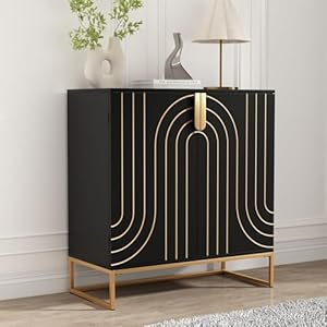HLR Accent Wood Grain Cabinet with 2 Doors Storage Cabinet Sideboard with Gold Metal Legs for Living RoomEntryway and Kitchen Dining RoomBlack