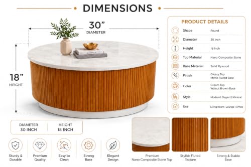 Image of WOODEN SPACE Round Marble-Top Wooden Center Table for Living Room | Modern Entryway Furniture | Coffee Table - 30X30X18 Inch (Fluted Natural)