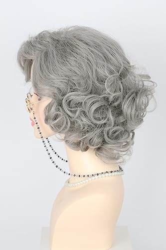 LeMarnia 5Piece Old Lady Costume Wig Grey Short Curly Layered Wig for Cosplay Party Halloween Costume - Image 4