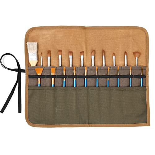 Canvas Paintbrush Case, Multi-Colored Paintbrush Roll (20 Pokcets & Elastic Band) - 16Oz Waxed Canvas Art Brush Holder, Paintbrush Storage, 17"W X 13"L #TOP10