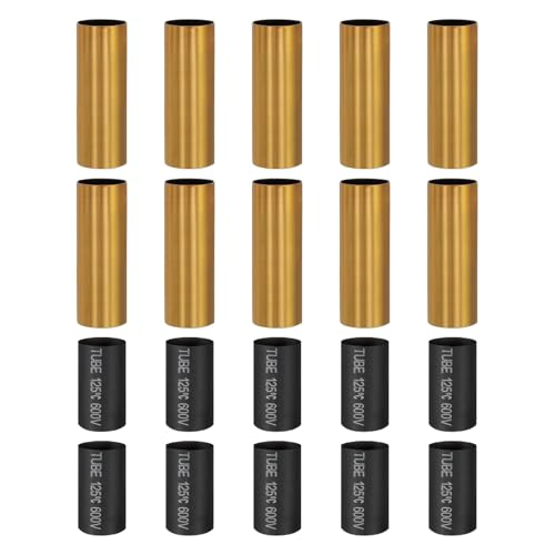 PATIKIL 10 Pcs 2.6" Tall Candle Covers Sleeves, 10 Pcs Metal E12 Chandelier Socket Sleeves with Insulation Heat Shrinkable Flame Retardant Bulb Light Base Holder for Lamps, Gold Bronze