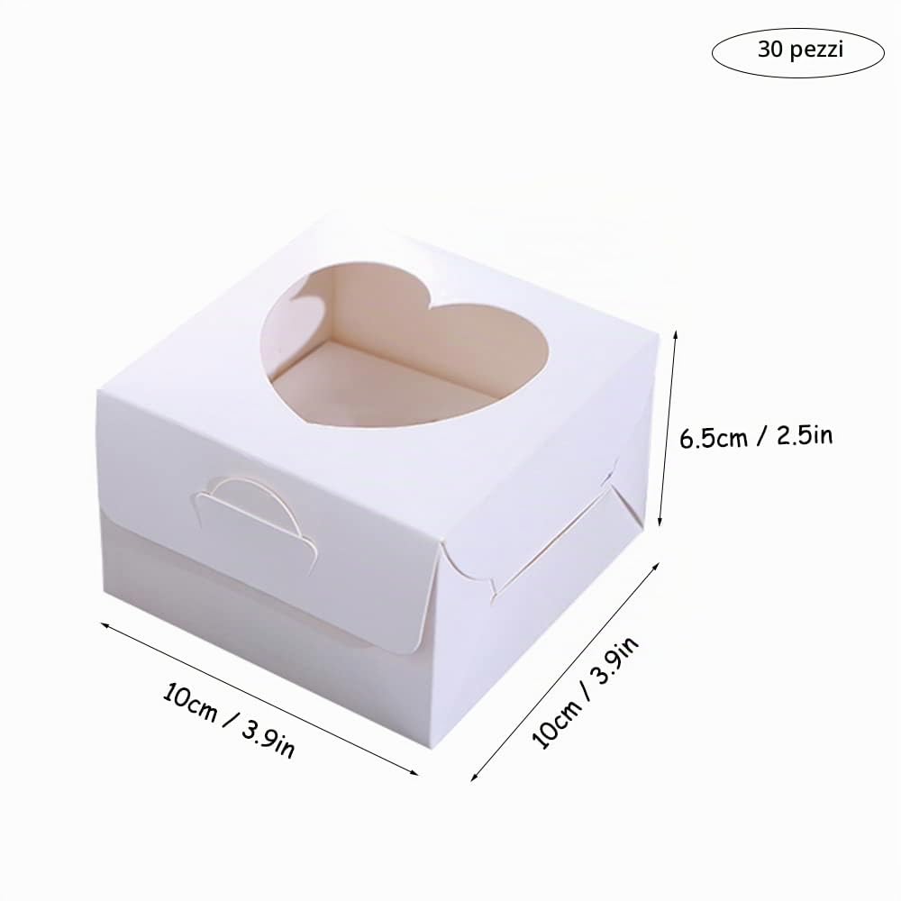30 Pezzi Mini Scatole per Torta, 10x10x6,5cm Scatole per Dolci, Scatola per Biscotti, con Finestra Trasparente a Forma di Cuore, per Cupcake, Muffin, Cioccolato, Ciambelle (Bianco)