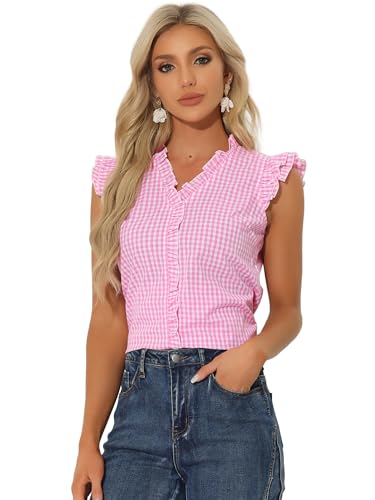 Allegra K Camisa con volantes para mujer de los años 50, cuello en V, manga casquillo, blusa a cuadros a cuadros, rosa, S