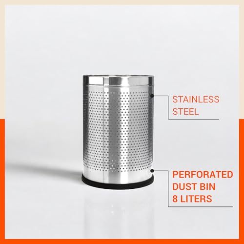 Image of Bathla Stainless Steel Perforated Open Dustbin - 8 Litres | Mesh Trash Can for Home, Office & Commercial Use | Durable, Rust-Resistant & Ventilated Waste Bin
