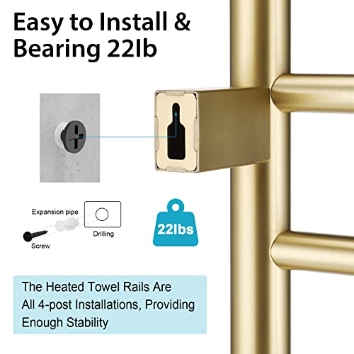 Vjass Heated Towel Rack, 9-Bar Towel Warmer Rack, Wall Mounted Electric Towel Warmer, Electric Towel Drying Rack With Timer, Brushed Gold Stainless Steel Heated Towel Warmer, Plug-In/Hardwired #TOP6