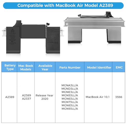 Image of A2337 Battery,A2389 Battery Replacement for MacBook Air 13 Inch A2337 M1 2020 EMC 3598 (Upgraded High Performance 11.39V 49.9Wh 4380mAh)