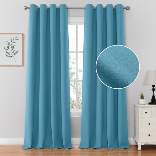 HOMEIDEAS 100% Bluesapphir Linen Blackout Curtains for Bedroom, 52 x 96 Inch Length 2 Panels Faux Linen Thermal Insulated Black Out Grommet Window Drapes for Living Room