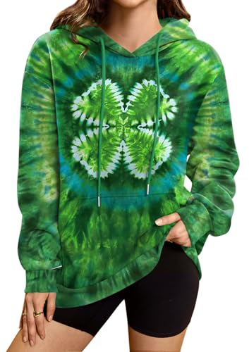 For G and PL Women St Patricks Day Casual Long Sleeve Hoodie Crewneck Irish Oversized Shamrock Sweatshirt Clover Tie Dye XL