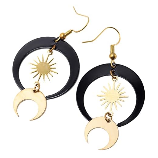 Sacina Gothic Boho Sun and Moon Earrings, Crescent Moon Star Pendant, Celestial Earrings, Goth Jewelry Gift for Women (Black Moon Sun)