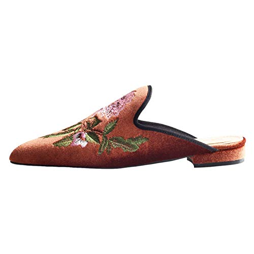 Image of Fericzot Women's Velvet Backless Pointed Toe Slip On Loafers Flats Embroidery Mule Slippers Shoes