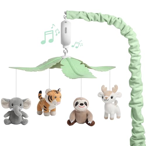 Baby Crib Mobile for Boys and Girls Soft Plush Jungle Safari Animals Elephant Tiger Sloth Deer Babies Nursery Decor Calming Soother with 12 Lullabies Essential and Perfect Gift