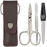 ETUI : Etui de haut de gamme, en cuir veritable brun, intérieur doublé de velours doux / satin | Bouton-pression solide «3 Swords Germany» pour une grande facilité d’utilisation | DIMENSIONS (fermé) : environ 10,5 x 3,0 x 2,0 cm | les étuis, confectionnés à main de façon traditionnelle, sont des accessoires à la mode agréables à manipuler.