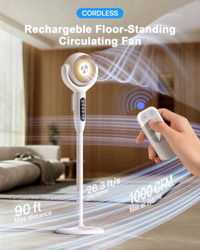 Image of 12000mAh Battery Powered Air Circulator Fan, 3-in-1 Height Adjustable Floor /Table /Desk Oscillating Pedestal Fan with LED Light, 20dB Quiet Cordless Rechargeable Cooling Fan for Bedroom Outdoor