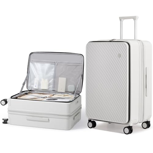mixi 24 Inch Large Expandable Checked Luggage PC Hard Shell Suitcase Top Opening Rolling Travel Suitcases with Spinner Wheels & TSA Lock, Smoke White