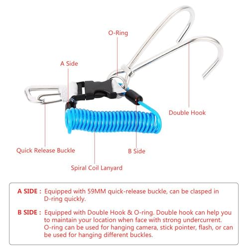 CYTGOUPER Riffhaken Tauchen aus Marine 316 Edelstahl, Spiralkabel Kamera Tauchen mit 1,5m elastischem Lanyard, Tauchzubehör mit Schnellverschluss und O-Ring für Unterwasseraktivitäten (Blau)