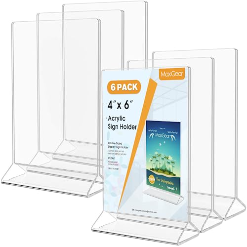 Maxgear Acrylic Sign Holder-Table Card Display-4 X 6 Inches Clear Sign Display Holder-Plastic Table Menu Stand -Double Sided Ad Picture Frame For Office, Home, Store, Restaurant, 6 Pack #TOP4