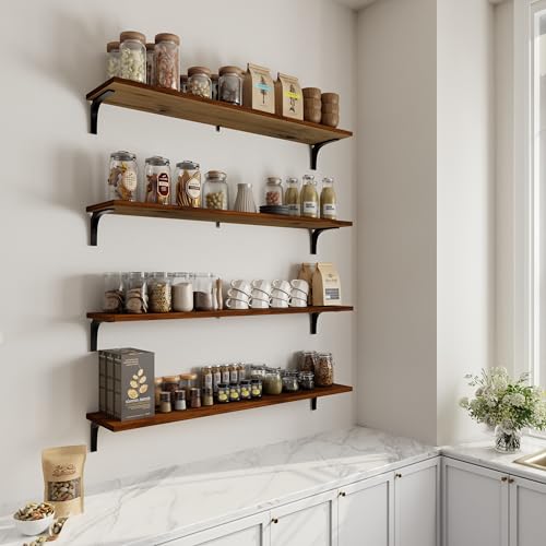 Image of 12 Inch Deep Floating Shelves Set of 4, 48 Inch Extra Wide Walnut Solid Wood Wall Shelves, 4ft Heavy Duty Farmhouse Wall Mounted Shelving for Kitchen, Living Room & Bedroom