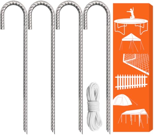Image of Eurmax USA 4 Pack Rebar J-Shape Groud Stakes, Heavy Duty Ground Anchors, Windproof Anti-Flip Metal Tent Pegs for Trampoline,Soccer Goals, Fences and Outdoor Playsets
