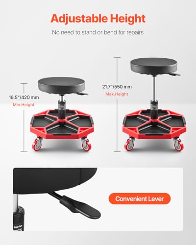 VEVOR Rollbarer Werkstatthocker Werkstattsitz (136 kg Tragkraft) Garagensitz Arbeitshocker, höhenverstellbar (420–550 mm), Rollsitz mit Werkzeugablage für Garage Werkstatt Autoreparatur, Schwarz+Rot