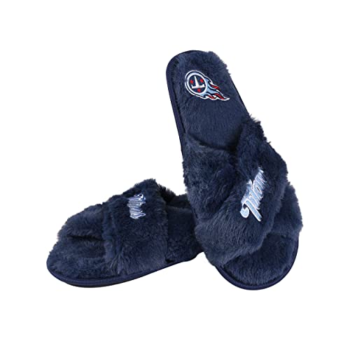 Image of FOCO Womens NFL Team Script Wordmark Fuzzy Cross Slide Slippers