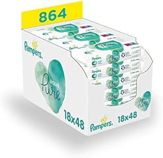 Pampers Aqua Pure Chusteczki Nawilżane Dla Niemowląt i Dzieci 864 Sztuk (18 x 48), Wykonane w 99% z Czystej Wody, Testowane Dermatologicznie