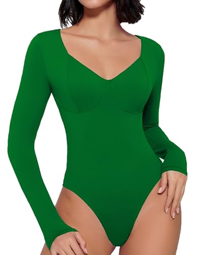 Image of Avidlove Bodysuit for Women Long Sleeve Double Lined Tank Top V Neck Bodysuit Tummy Control Shapewear