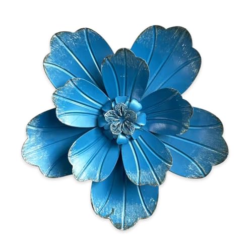 Metal Flower Wall Sculpture, 9.5' Rustic Modern Artwork Distressed 3D Layered Vintage Iron Flower Wall Hanging Accent for Indoor Kitchen, Bedroom Living Room Office Outdoor Garden Patio Decor (Blue)