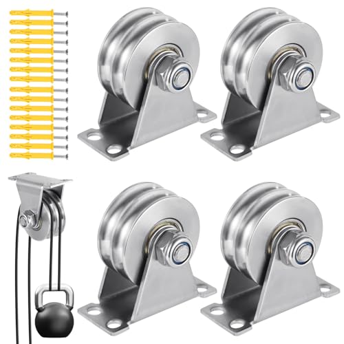 4 PCS Double Groove Wheel Pulley, Stainless Steel U Groove Pulley Block, Wall Mount Silent Smooth Lifting Pulley with Screws for DIY Gym Equipment, Slide Gate, Clothesline