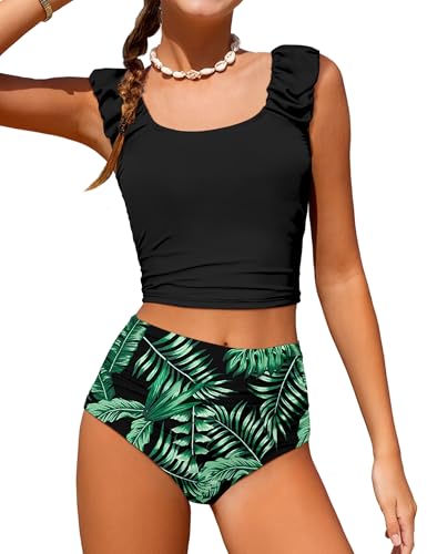 Image of Girls Tankini Swimsuit 2 Piece Bathing Suit Twist Cross Back Cutout Swim Tank Top Floral Print Swimwear for 7-18Y