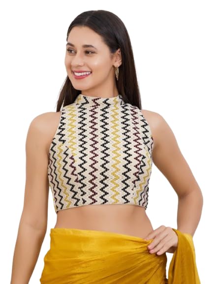 Image of Vamas Women's Net Saree Blouse | Padded Sleeveless Back Open Designer Blouse | ReadymadeEthnic Blouse with Tie-Up Back for Women