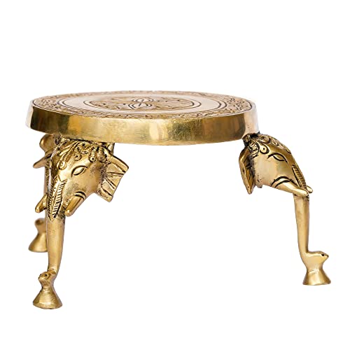 Image of eCraftIndia Golden Brass Chowki with Elephant Design Legs | Decorative Traditional Chowki for Idols & Rituals, Home Temple Gift Housewarming Birthday