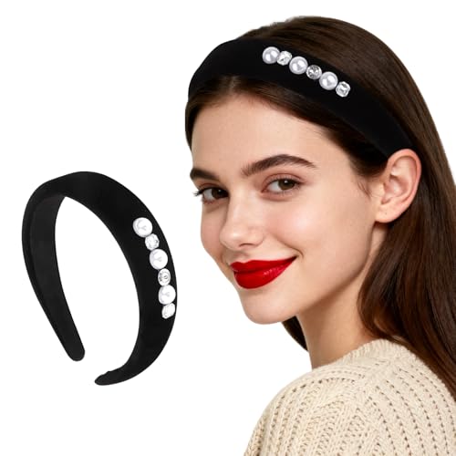 Esitrormi Black Velvet Pearl Headbands for Women, Wide Non-Slip Hair Bands, Women's Soft Fashion Hair Accessories for Daily & Party Use