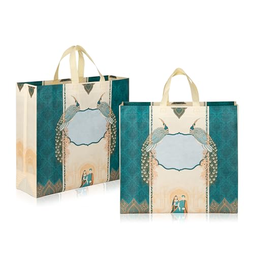 Image of Lavya Wedding Special Reusable Non-Woven Laminated Gift Bags, Wedding Gifts, Shagun, Traditional Gifting, Saree Mithai Chandi Carry Bag (Peacock Bhaji Blue, L-15.5x15x5, Pack of 10)