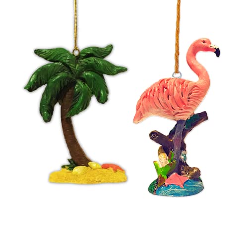 Hand Painted Flamingo And Palm Tree Christmas Ornament Set, Beach Themed Holiday Hanging Decorations, Coastal Xmas Decor Keepsake Stocking Stuffers 2022, Pack Of 2 #TOP30