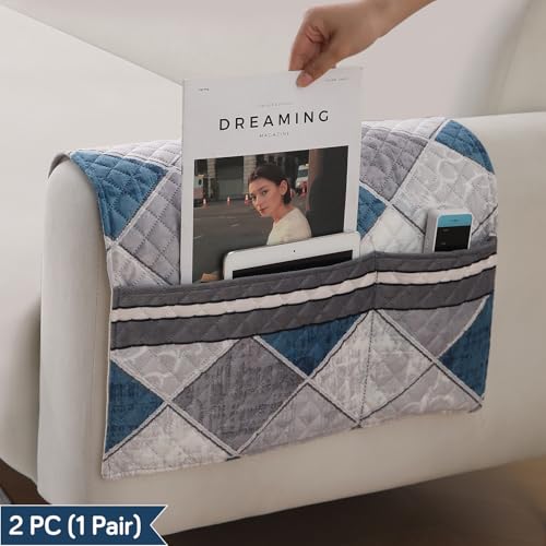 Image of HOKIPO 'LiefNest' Printed Holland Velvet Sofa Armrest Covers | 1 Pair | Diamond Slate Grey Blue (IN-827-L-D2*2)