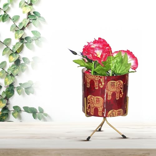 Image of CINAGRO Metal Flower Vase Planter Pot with Iron Stand, Pots for Plants, Plant Pots for Home Decoration, Succulent Pot, Indoor Planter Balcony Garden Decor (Size: 6X6 inch) Style: Cardinal Charm