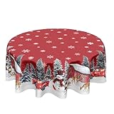 Kawani Christmas Tablecloth Round 70 Inch Winter Snowman Snowflake Trees Truck Decorative Table Cloth Red Xmas Holiday Polyester Table Cover for Party Dining Room Home Decor